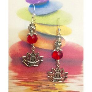 YOGA EARRINGS, Silvery BALI BEADS, RED Accents